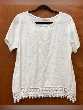Terzo Millennio white linen blouse cotton crochet lace lightweight size large